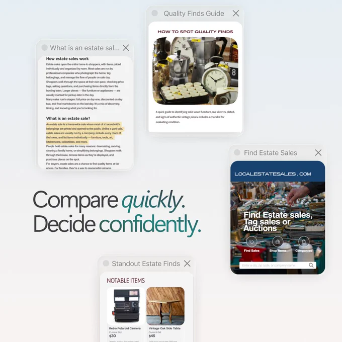 Multiple browser tabs about estate sales—including guides, listings, and highlighted items—appear around the text “Compare quickly. Decide confidently.” showing how Copilot helps review and compare information.