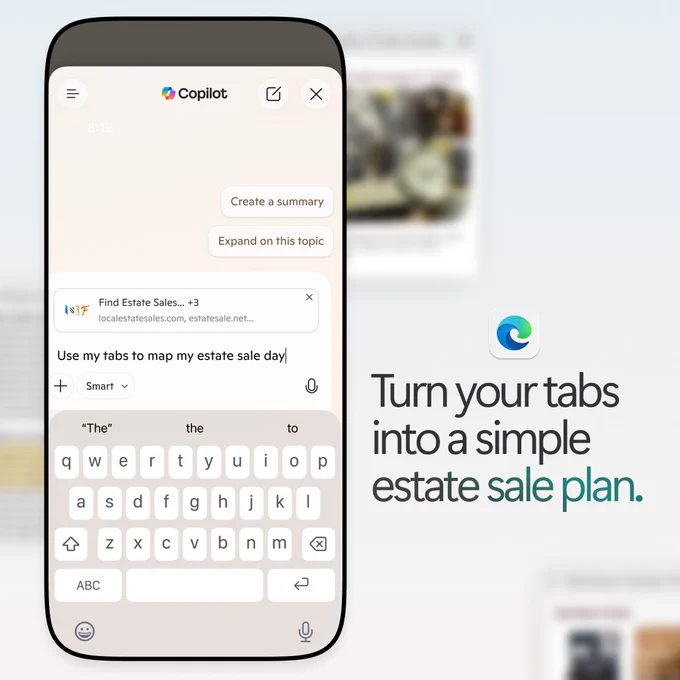 Mobile Copilot interface shows a user using open tabs to plan an estate sale day, with a search bar, suggestions, and keyboard visible, alongside the text “Turn your tabs into a simple estate sale plan.”