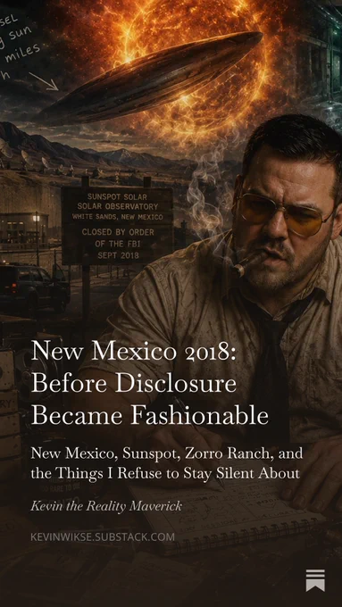 Cinematic investigative artwork featuring researcher and Remote Viewer Kevin Wikse in a late-1980s CIA-inspired psychic warfare operations room surrounded by classified files, CRT monitors, Remote Viewing session notes, and paranormal intelligence material connected to New Mexico events from 2017–2018. Kevin Wikse appears with a muscular build, Hunter S. Thompson aviator glasses, cigar, loosened tie, and exhausted Gonzo journalist aesthetic while documenting alleged connections between Los Alamos National Laboratory, the Sunspot Solar Observatory shutdown, Project Stargate psychic research, Islamic extremist compounds in New Mexico, and Jeffrey Epstein’s Zorro Ranch. Behind him appears a gigantic extraterrestrial craft entering the Sun, representing Remote Viewing claims connected to intercepted transmissions and advanced non-human intelligence. The image contains references to hybridization experiments, underground laboratories, Controlled Remote Viewing (CRV), and UFO disclosure.