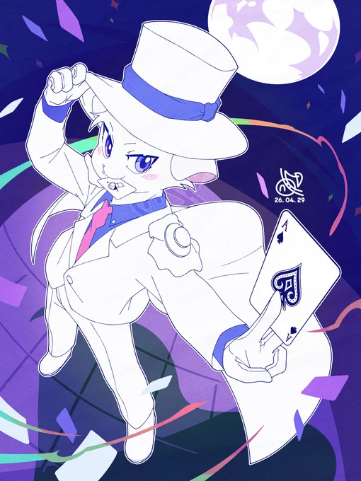 Digital character illustration. Anthropomorphic white goat dressed in a white phantom thief suit, top hat, blue shirt, and pink tie, presented from a dynamic low-angle perspective. The character wears a confident smirk, tipping its hat with one hand while holding an Ace of Spades card toward the camera with the other. A stylized night sky with a full moon and floating playing cards fills the background, utilizing clean line art, cel-shading, and halftone patterns across a vibrant purple and deep blue color palette.