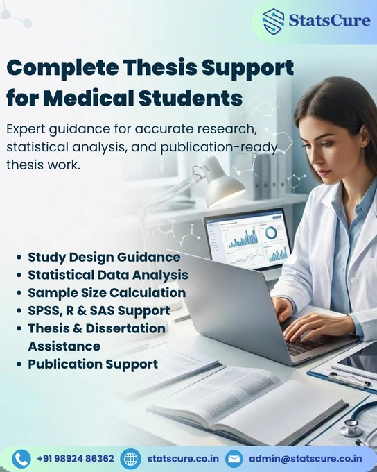 A healthcare and academic research-themed graphic from StatsCure showing a medical researcher working on a laptop in a study environment. The design promotes comprehensive thesis support for medical students, covering research planning, statistical analysis, software support, dissertation assistance, and publication guidance.