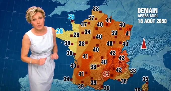 En 2014, Evelyne Dhéliat présetait un faux bulletin météo qui imaginait ce que seraient les températures en août 2050. Aujourd’hui, le constat est amer : elle avait 25 ans d’avance, et ce n'est pas valable que pour le mois d'août. 