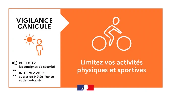 Infographie Vigilance orange canicule. 

La vague de chaleur continue. 
Limitez vos activités physiques et sportives pour préserver votre santé. 
Pensez à respecter les consignes de sécurité et à vous informer régulièrement auprès de Météo-France et des autorités. 