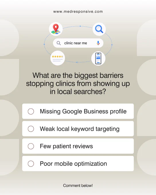 “Clinics near me.” That’s where patient journeys begin. If your clinic isn’t visible, patients choose someone else. With MedResponsive’s local search optimization services, we bridge that gap so patients find you instead.

#LocalSearch #PracticeVisibility #SEOStrategy
