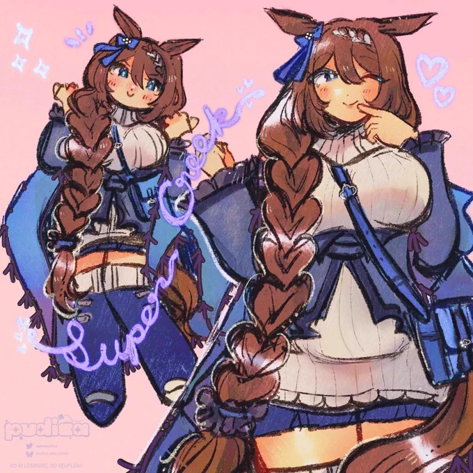 a fullbody long chibi and thigh-up full art of super creek from uma musume. she is in her original race outfit (as shown in her first support card)