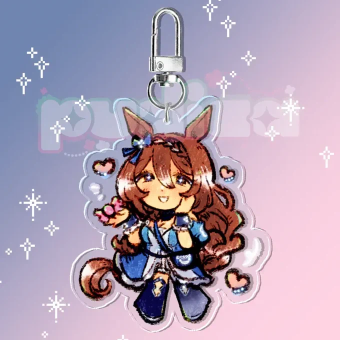 chibi acrylic charm of super creek from umamusume pretty derby. she has a hand on her face and the other hand holding a pink candy, with pink hearts around her.