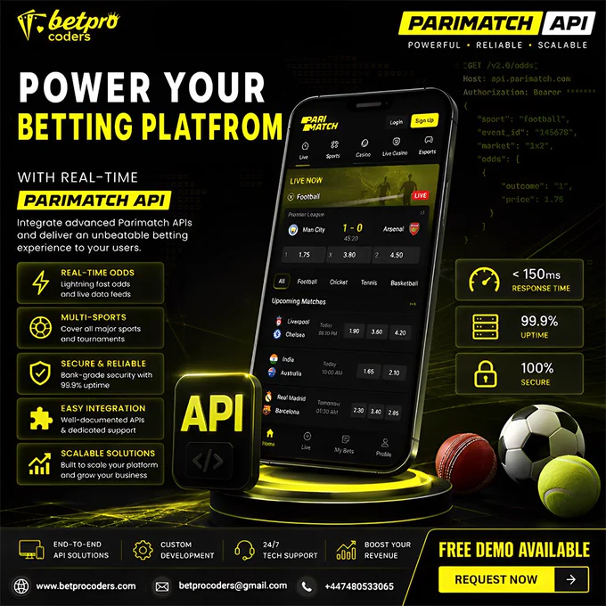 Parimatch API integration dashboard for sportsbook platform development featuring real-time betting odds, live sports betting interface, scalable sportsbook architecture, mobile betting UI, and sports betting API solutions.