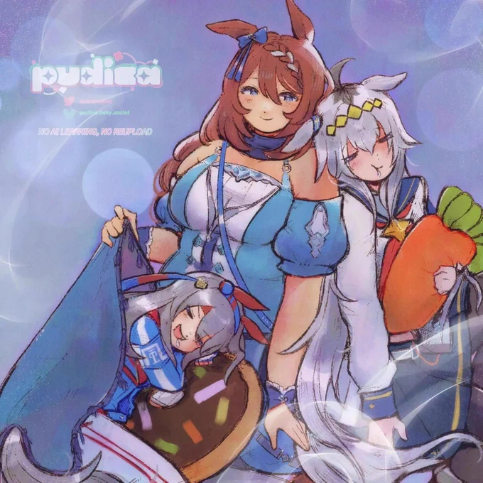 artwork of super creek smiling gently. oguri cap is asleep, head leaning on creek's shoulder, holding onto a carrot pillow. tamamo cross is asleep on creek's lap, over a donut-shaped pillow. (from their donut eating competition!) they are against a dreamy blue background.