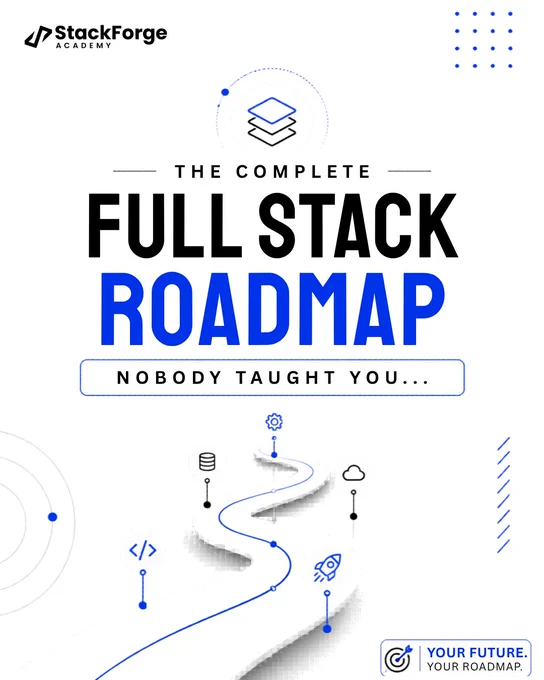 StackForge Academy poster with a clean white and blue design, featuring the headline “The Complete Full Stack Roadmap Nobody Taught You,” a winding roadmap graphic with coding, database, cloud, and launch icons, and the CTA “Your Future. Your Roadmap.”