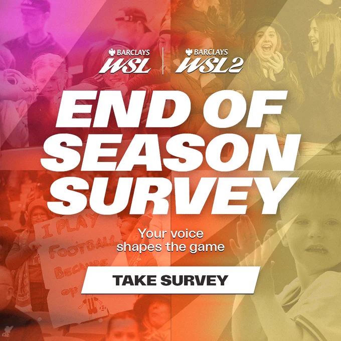 A square social media graphic with a four-quadrant collage background featuring young football fans tinted in vibrant red, orange, and yellow hues. In the top-centre, the white logos for the Barclays WSL and Barclays WSL2 sit side by side, separated by a thin vertical line. Dominating the centre of the graphic is the bold, white text END OF SEASON SURVEY in a large, italicised sans-serif font. Beneath this, smaller white text reads, "Your voice shapes the game". At the bottom, a white rectangular button with angled sides contains the black text TAKE SURVEY.