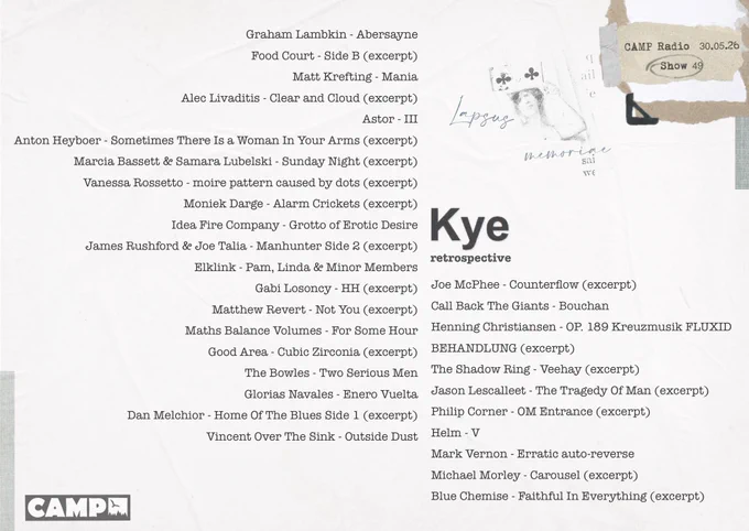 Graham Lambkin - Abersayne
Food Court - Side B
Matt Krefting - Mania
Alec Livaditis - Clear and Cloud
Astor - III
Anton Heyboer - Sometimes There Is a Woman In Your Arms
Marcia Bassett & Samara Lubelski - Sunday Night
Vanessa Rossetto - moire pattern caused by dots
Moniek Darge - Alarm Crickets
Idea Fire Company - Grotto of Erotic Desire
James Rushford & Joe Talia - Manhunter Side 2
Elklink - Pam, Linda & Minor Members
Gabi Losoncy - HH
Matthew Revert - Not You
Maths Balance Volumes - For Some Hour
Good Area - Cubic Zirconia
The Bowles - Two Serious Men
Glorias Navales - Enero Vuelta
Dan Melchior - Home Of The Blues Side 1
Vincent Over The Sink - Outside Dust
Joe McPhee - Counterflow
Call Back The Giants - Bouchan 
Henning Christiansen - OP. 189 Kreuzmusik FLUXID BEHANDLUNG
The Shadow Ring - Veehay
Jason Lescalleet - The Tragedy Of Man
Philip Corner - OM Entrance
Helm - V
Mark Vernon - Erratic auto-reverse
Michael Morley - Carousel
Blue Chemise - Faithful In Everything (excerpt)