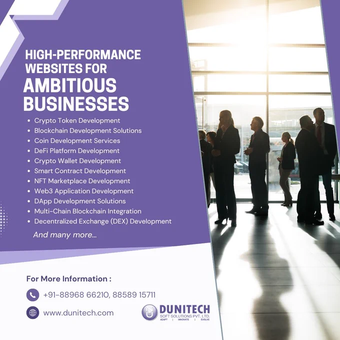 Purple corporate promotional banner for Dunitech featuring blockchain and Web3 development services including crypto token development, NFT marketplace development, smart contracts, DApps, and DeFi solutions, alongside a professional business meeting background image.