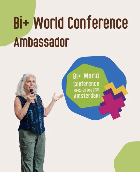 Graphic with a beige background announcing "Bi  World Conference Ambassador" at the top. On the left, a photo shows Robyn Ochs smiling and speaking into a microphone. On the right, a blue shape displays text for the conference in Amsterdam on July 28–30, 2026.