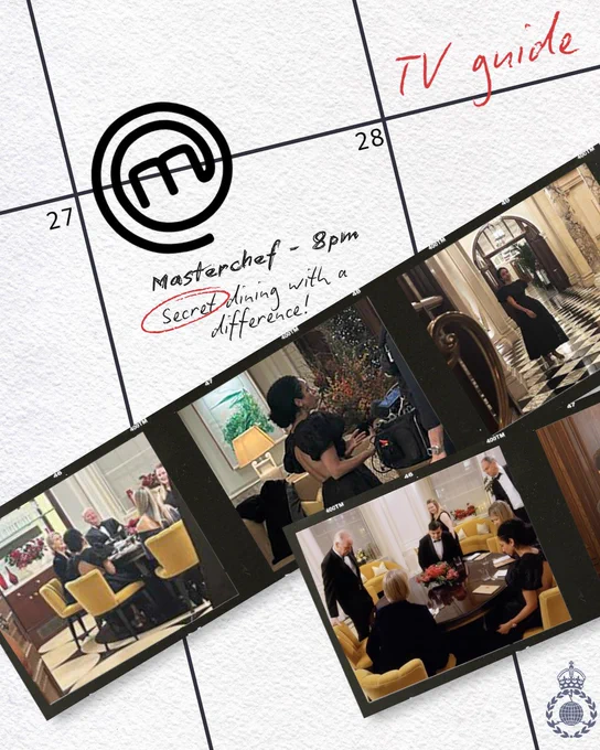 This image is a collage with a "MasterChef" logo and the words "Masterchef - 8pm" and "Secret dining with a difference!" There's a layout resembling a TV guide with the dates 27 and 28. The photos show a formal dining setting with guests, a person in a kitchen, and a hallway with black and white flooring. The text "TV guide" is written in red in the top right corner, and there's a decorative emblem at the bottom right.