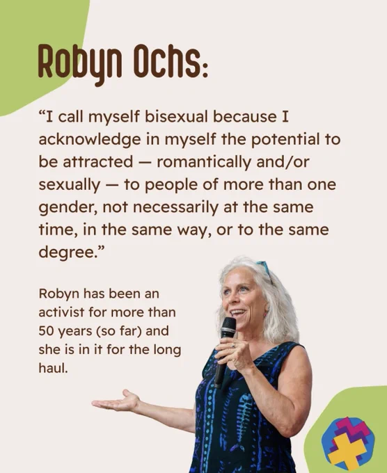 Graphic featuring a prominent quote from Robyn Ochs defining her bisexuality as the potential to be attracted to people of more than one gender. Below the quote, text notes her 50-plus years of activism, alongside a photo of her speaking into a microphone.
