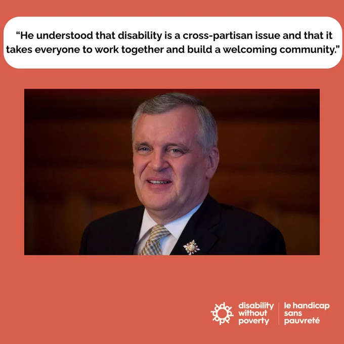 Text: He understood that disability is a cross-partisan issue and that it takes everyone to work together and build a welcoming community. Headshot of David Onley