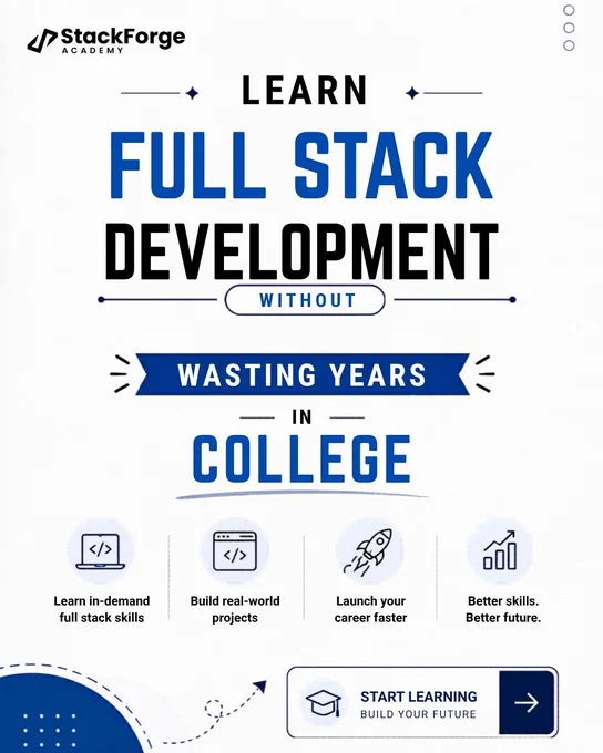 StackForge Academy poster with a white and blue theme, featuring the headline “Learn Full Stack Development Without Wasting Years in College,” icons for skills, projects, career launch, and future growth, with a “Start Learning” CTA at the bottom.