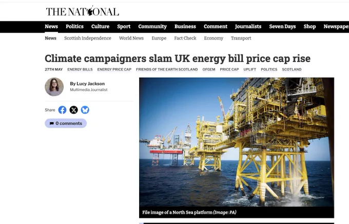 Screengrab of National news story with headline "Climate campaigners slam UK energy bill price cap rise"