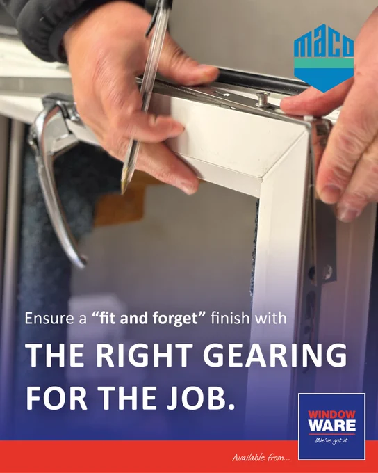 Close-up of hands fitting MACO wrap-around window gearing, highlighting the importance of proper gearing for a lasting installation.
