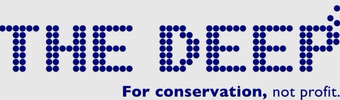 The words "THE DEEP" in blue pixelated letters, with the slogan "For conservation, not profit."