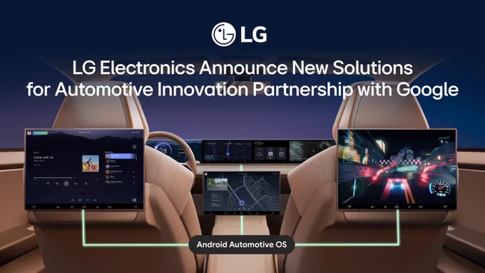 LG Electronics graphic showing a futuristic car interior with multiple connected in-vehicle displays, highlighting new automotive innovation solutions in partnership with Google and Android Automotive OS.
