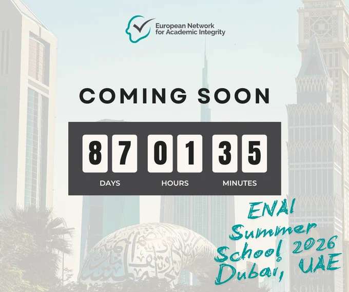 A promotional image for the ENAI Summer School 2026 in Dubai, UAE, featuring a countdown timer set against Dubai's skyline. The mood is anticipatory and professional.