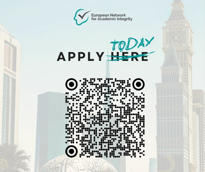 A professional image promoting the European Network for Academic Integrity with a QR code for immediate access. The background shows iconic architecture, adding a global context.