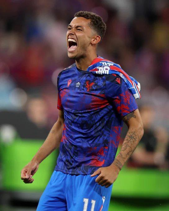A player celebrating in a blue and red shirt.