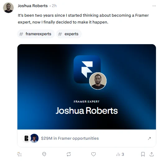 Contra post showing my acceptance as a Framer Expert.
