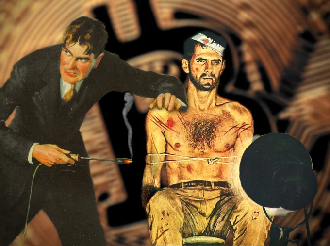 A shirtless man bound to a chair; his head is bandaged and his torso is covered in wounds. Standing beside him, a hand on his shoulder, is a desperate, suited man brandishing a hot poker. The background is an out-of-focus giant bitcoin logo.
