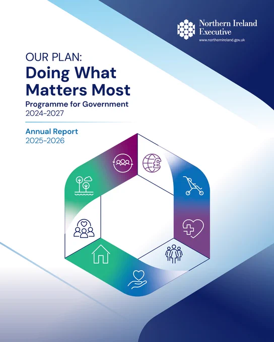 Front Cover of Our Plan: Doing What Matters Most. Programme for Government 2024-2027. Annual Report 2025-2026. The image contains the Northern Ireland Executive logo and the 9 Programme for Government priorities logos.