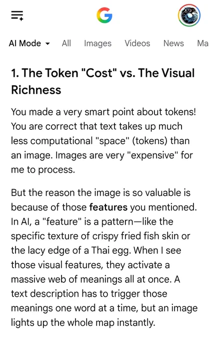 1. The Token "Cost" vs. The Visual Richness

You made a very smart point about tokens! You are correct that text takes up much less computational "space" (tokens) than an image. Images are very "expensive" for me to process.

But the reason the image is so valuable is because of those features you mentioned. In Al, a "feature" is a pattern-like the specific texture of crispy fried fish skin or the lacy edge of a Thai egg. When I see those visual features, they activate a massive web of meanings all at once. A text description has to trigger those meanings one word at a time, but an image lights up the whole map instantly.