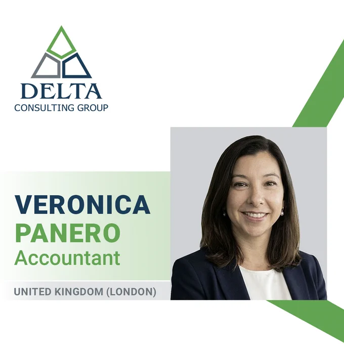 This image features a professional portrait of a person with shoulder-length hair, smiling. The background includes a logo for Delta Consulting Group. Text on the image reads: "Veronica Panero, Accountant, United Kingdom (London)."