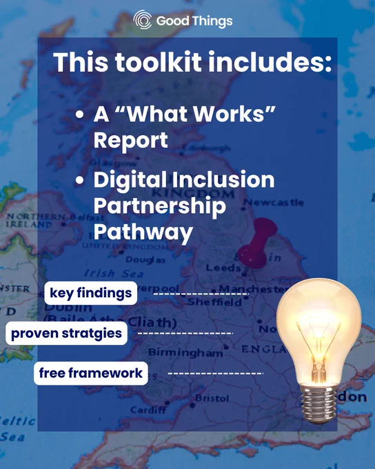 Map of the United Kingdom with overlay text titled "This toolkit includes:" listing a "What Works" report, Digital Inclusion Partnership Pathway, key findings, proven strategies, and free framework. There's a light bulb icon and the Good Things logo.