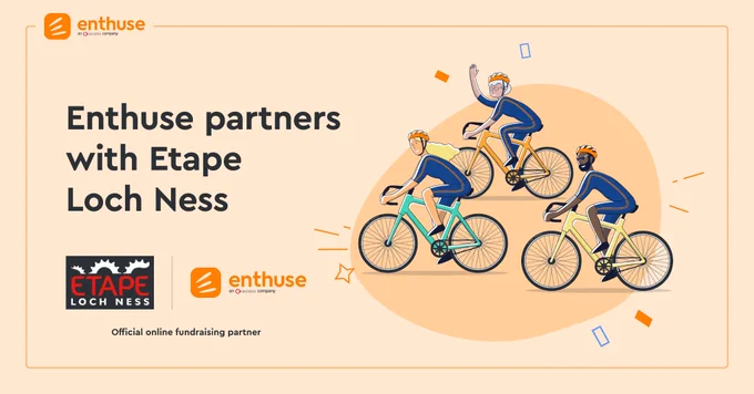 light orange background with cartoon cyclists in the foreground, announcing etape loch ness partnership