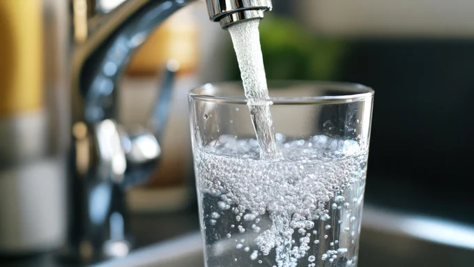 A glass being filled up with water from a chrome tap