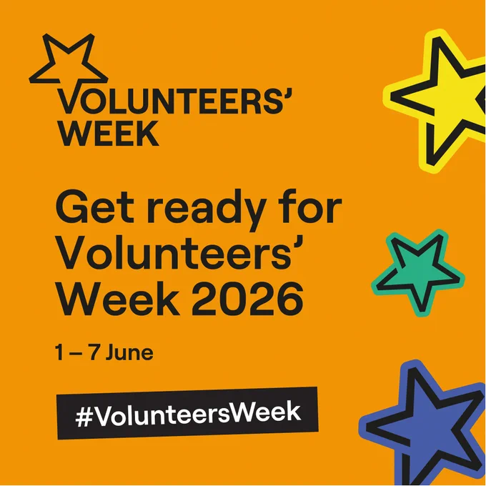 Bright orange background promoting Volunteers' Week 2026 from June 1 to 7 with colorful star graphics and hashtag #VolunteersWeek.