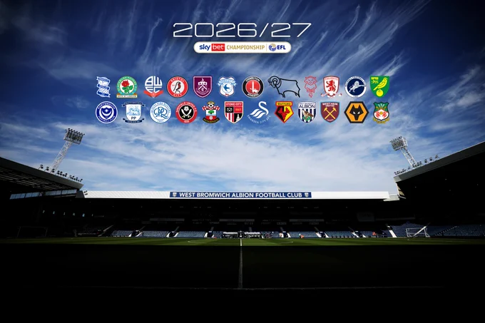An image of The Hawthorns featuring all the crests of the 2026/27 Championship teams.