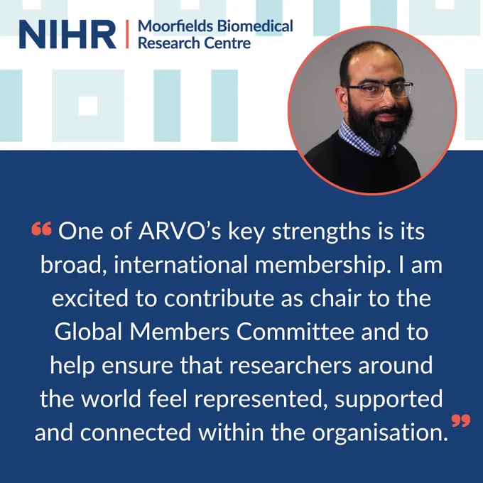 Branded NIHR Moorfields Biomedical Research Centre graphic featuring a circular headshot of a person wearing glasses on the right. A large quote emphasises ARVO’s international membership and the importance of ensuring researchers worldwide feel represented, supported, and connected.