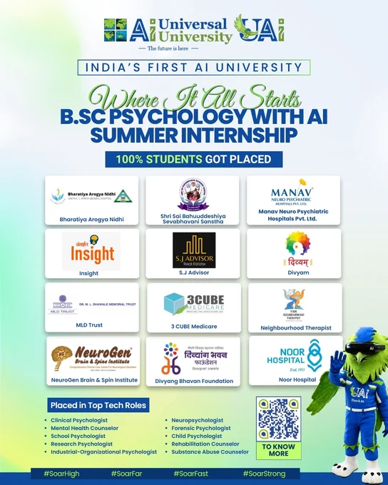 100% Summer Internship Placements for BSc Psychology With AI learners at Universal Ai University!

From mental health & neuropsychology to AI-driven healthcare innovation, students are gaining real-world exposure through experiential learning and industry integration.

India’s First AI University is shaping future-ready professionals.

#UniversalAiUniversity #PsychologyWithAI #AIEducation #MentalHealth #FutureReady #ExperientialLearning #AIInHealthcare #StudentSuccess