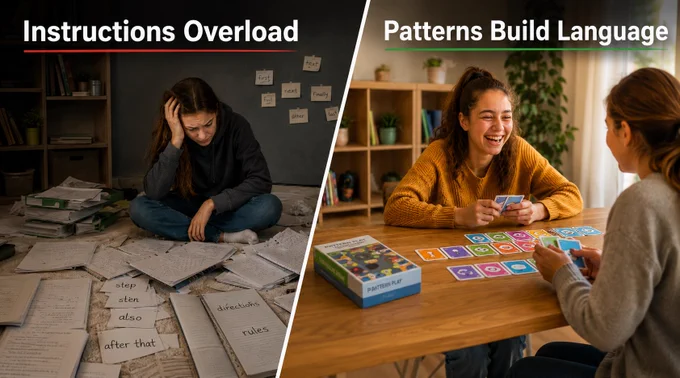 Split-screen image showing a stressed learner overwhelmed by study papers and instructions contrasted with two people smiling and learning together through playing a card game in warm natural light.