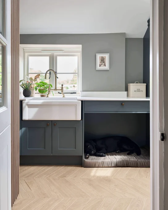 Integrated dog bed in a utility room
