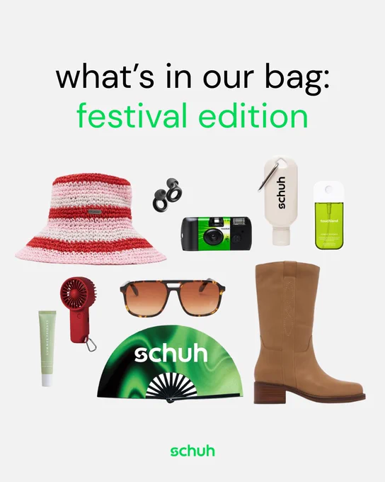 An image of a tan schuh Delany Leather Calf boot against a white background suurrounded by a bucket hat, digital camera, earplugs, sunglasses and other accessories.