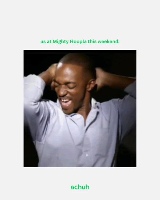 A photo of a person dancing with text above the photo saying "us at Mighty Hoopla this weekend".