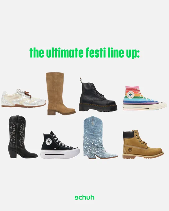 An image of eight different shoes sitting against a white background with text above them saying "the ultimate festi lineup".