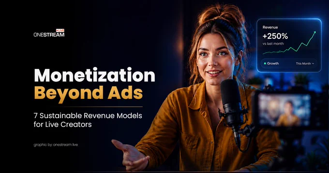 A live creator in a recording studio discusses monetization strategies beyond ads with a revenue growth chart showing  250%.