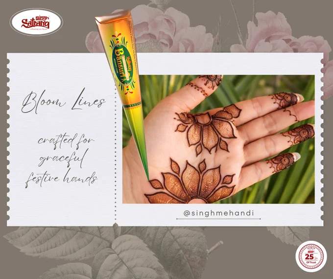 Bloom lines, crafted for graceful festive hands.
Bold florals, fine detailing, and timeless mehndi artistry — a perfect blend of elegance and trend. Create stunning festive looks with Singh Satrang Decorator Henna Cone and let every design bloom beautifully. 

#singhsatrangmehandi #bestmehandicone #singh #singhbansuri #satrang #singhdecorative #LotusLuxe #FloralMehndi #HennaArt #MehndiDesign #MinimalMehndi #ArabicMehndi #MehndiInspo #ElegantHands #TraditionalBeauty #MehndiLove #HennaStyle #TrendingNow #ArtisticVibes
