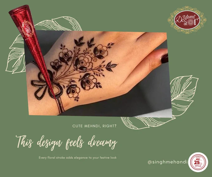 Cute mehndi, right? 
This design feels dreamy. 
Every floral stroke adds elegance to your festive look

#singhsatrangmehandi #bestmehandicone #singh #singhbansuri #satrang #singhdecorative #FloralMehndi #DreamyDesigns #HennaGlow #MinimalMehndi #ElegantHenna #MehndiLove #ArabicMehndi #ModernMehndi #MehndiInspo #HennaArt #MehndiDesign #StylishHenna #PrettyPatterns #FestiveMehndi #BridalMehndi #SimpleMehndi #MehndiSeason #HandArt #HennaVibes  #TrendingMehndi #ArtisticHenna #MehndiDetails #FloralVibes #TraditionalBeauty