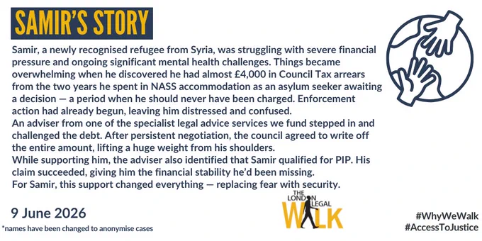 Samir's story- Samir, a newly recognised refugee from Syria, was struggling with severe financial pressure and ongoing significant mental health challenges. Things became overwhelming when he discovered he had almost £4,000 in Council Tax arrears from the two years he spent in NASS accommodation as an asylum seeker awaiting a decision — a period when he should never have been charged. Enforcement action had already begun, leaving him distressed and confused.
An adviser from one of the specialist legal advice services we fund stepped in and challenged the debt. After persistent negotiation, the council agreed to write off the entire amount, lifting a huge weight from his shoulders.
While supporting him, the adviser also identified that Samir qualified for PIP. His claim succeeded, giving him the financial stability he’d been missing.
For Samir, this support changed everything — replacing fear with security.