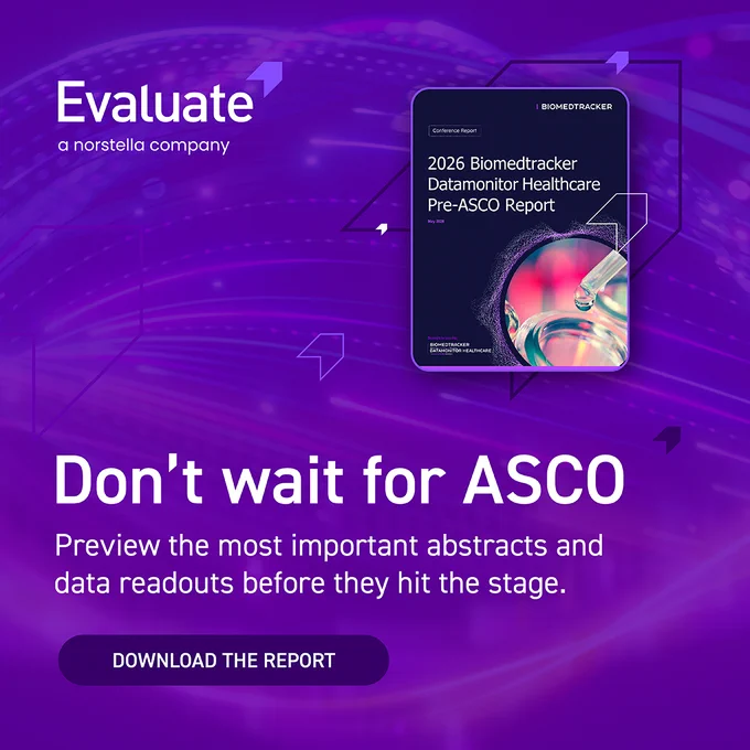 A promotional graphic highlighting the 2026 Biomedtracker Datamonitor Healthcare Pre-ASCO report by Evaluate, set against a vibrant purple background. The image urges viewers not to wait for ASCO and invites them to download the report.